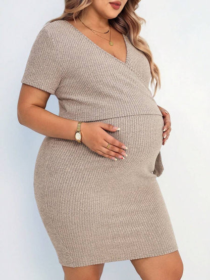 Women's Plus Size Ribbed Knit Maternity Dress - Summer Tie Wrap Nursing Dress