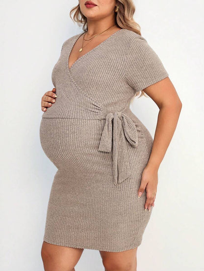 Women's Plus Size Ribbed Knit Maternity Dress - Summer Tie Wrap Nursing Dress