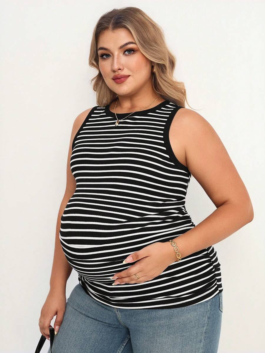 Plus Size Striped Round Neck Maternity Tank Top - Comfortable Tummy-Hiding Nursing Shirt