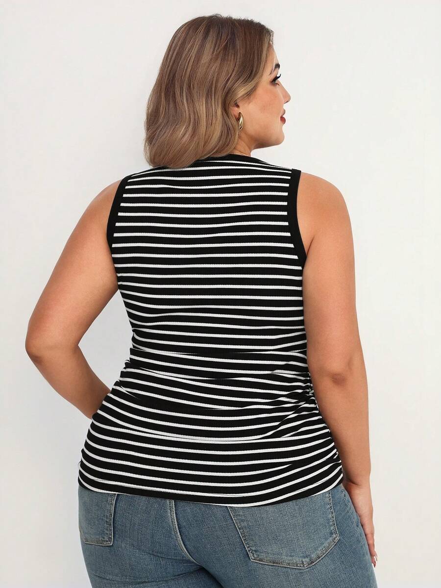 Plus Size Striped Round Neck Maternity Tank Top - Comfortable Tummy-Hiding Nursing Shirt