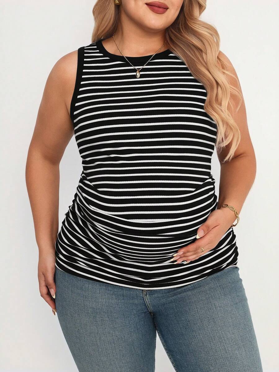 Plus Size Striped Round Neck Maternity Tank Top - Comfortable Tummy-Hiding Nursing Shirt