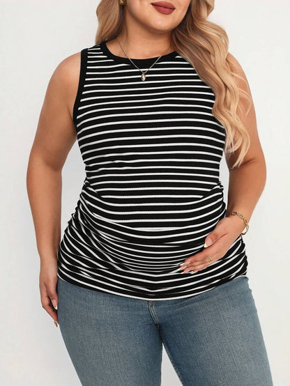 Plus Size Striped Round Neck Maternity Tank Top - Comfortable Tummy-Hiding Nursing Shirt