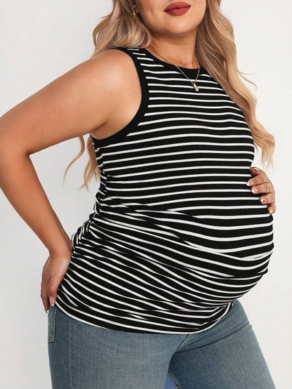 Plus Size Striped Round Neck Maternity Tank Top - Comfortable Tummy-Hiding Nursing Shirt