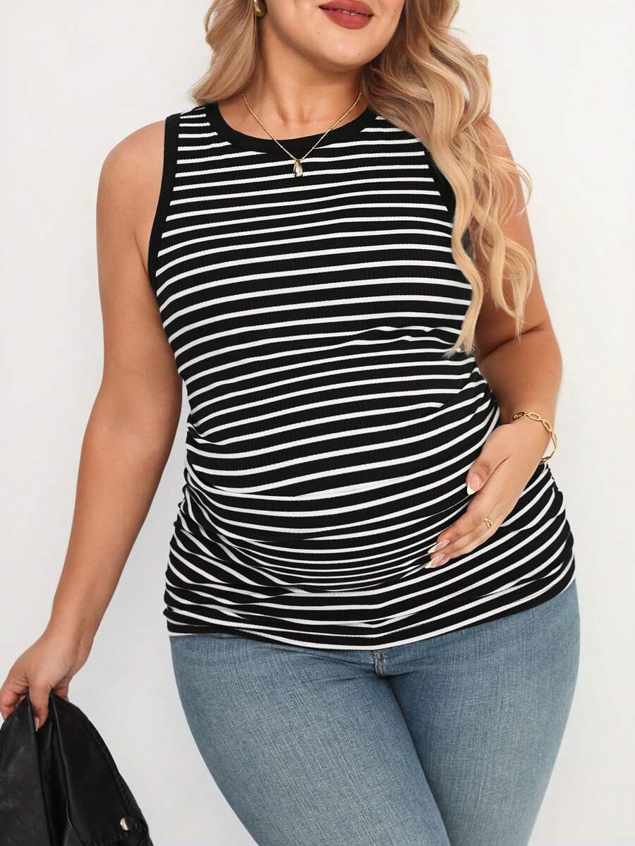 Plus Size Striped Round Neck Maternity Tank Top - Comfortable Tummy-Hiding Nursing Shirt