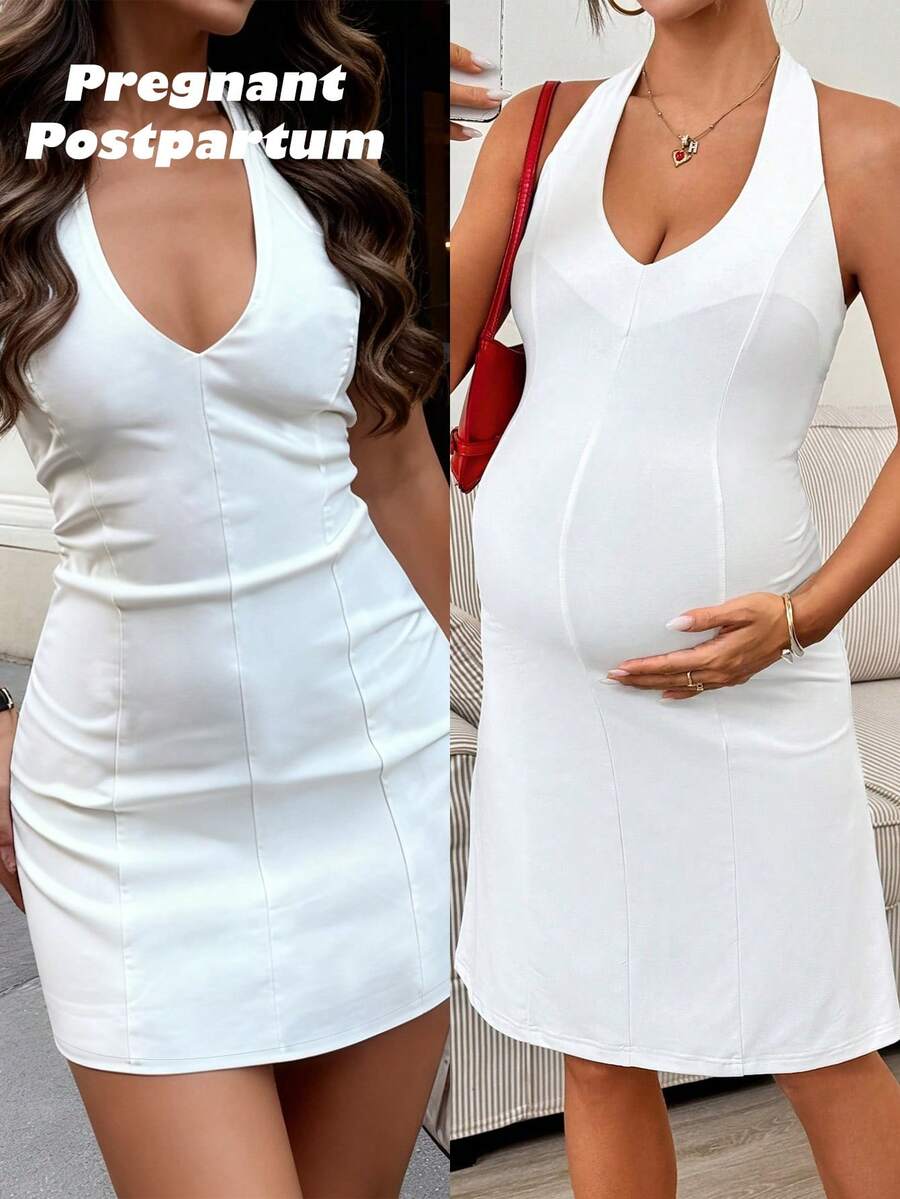 Maternity Solid White Pleated Halter Tie Dress V Neck Sleeveless Slim Fit Short Pencil Dress for Summer Night Out