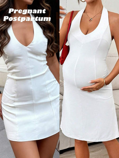 Maternity Solid White Pleated Halter Tie Dress V Neck Sleeveless Slim Fit Short Pencil Dress for Summer Night Out