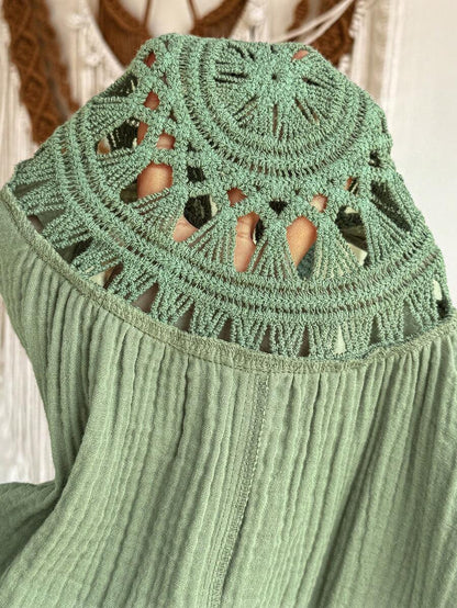 Sage Green Cotton Maternity Mini Dress - Sleeveless V-Neck Crochet Back Summer Pregnancy Outfit for Beach and Photoshoots