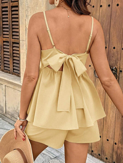 Maternity Summer Casual Vacation Ruffle Hem Camisole and Mini Shorts 2 Piece Set Off the Shoulder Sleeveless Brown Holiday Outfit