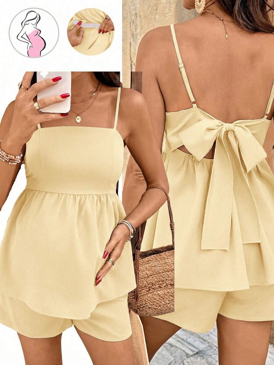 Maternity Summer Casual Vacation Ruffle Hem Camisole and Mini Shorts 2 Piece Set Off the Shoulder Sleeveless Brown Holiday Outfit