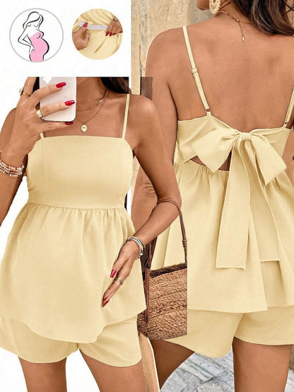 Maternity Summer Casual Vacation Ruffle Hem Camisole and Mini Shorts 2 Piece Set Off the Shoulder Sleeveless Brown Holiday Outfit