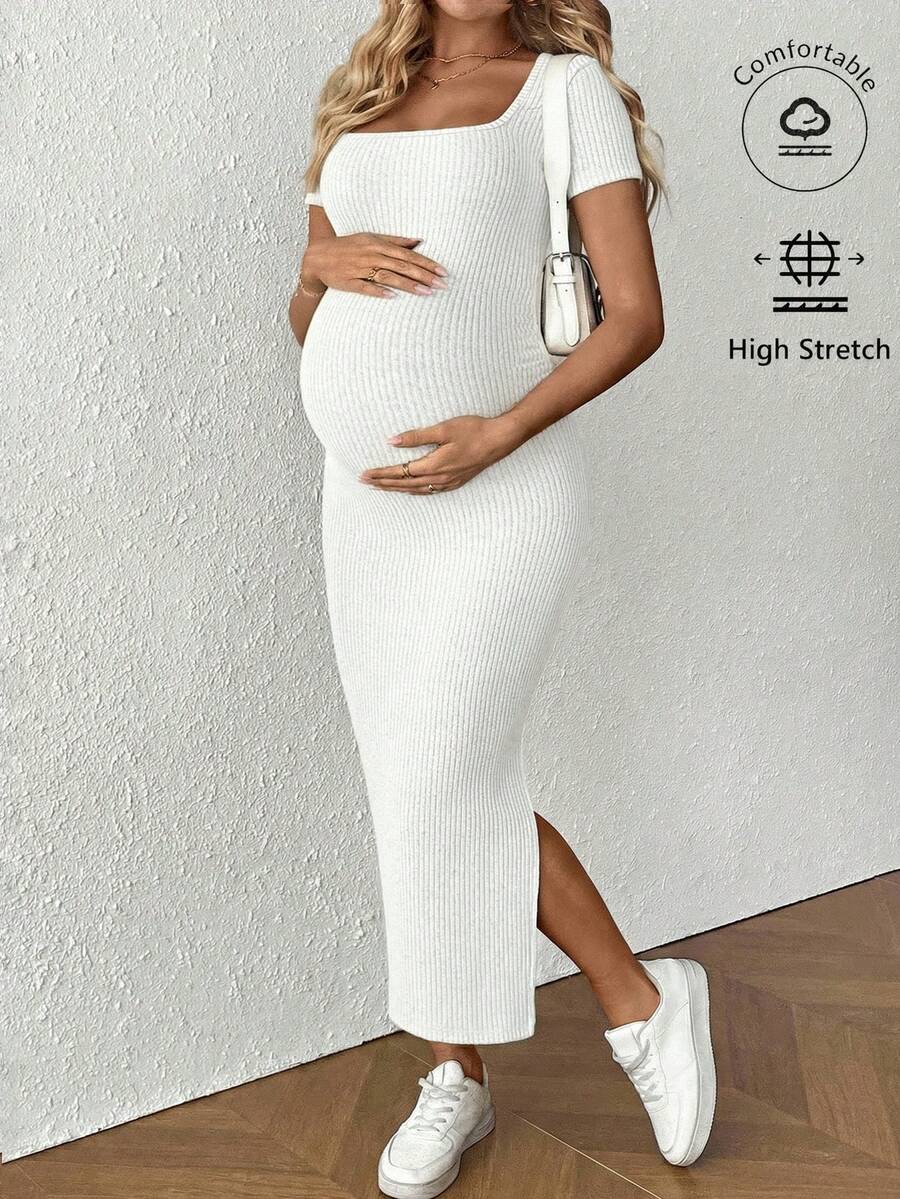 Maternity Square Neck Short Sleeve Midi Bodycon Dress with Side Slit - Sage Green Fitted Pregnancy Outfit - Soft Knit Maternity Wear