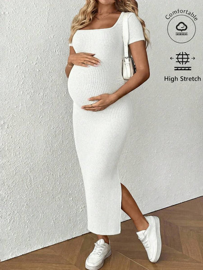 Maternity Square Neck Short Sleeve Midi Bodycon Dress with Side Slit - Sage Green Fitted Pregnancy Outfit - Soft Knit Maternity Wear
