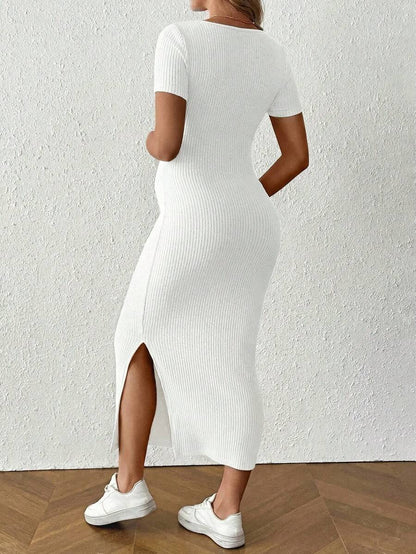 Maternity Square Neck Short Sleeve Midi Bodycon Dress with Side Slit - Sage Green Fitted Pregnancy Outfit - Soft Knit Maternity Wear
