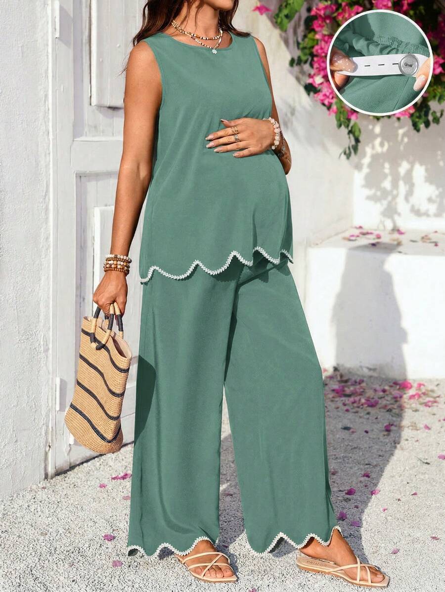 Blue and White Striped Maternity 2-Piece Set - Sleeveless Camisole and Long Pants - Casual Beach Vacation Outfit for Pregnant Women