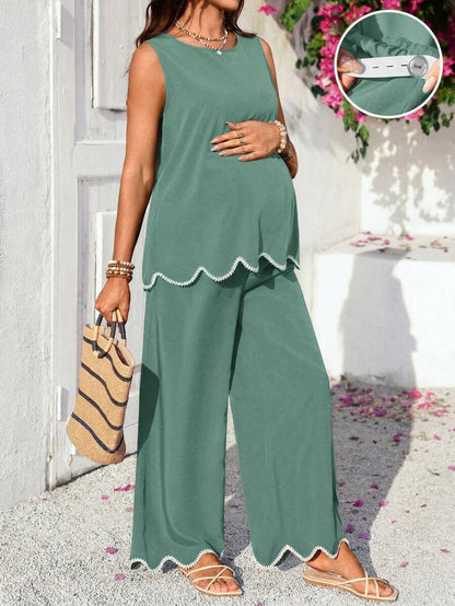 Maternity Round Neck Sleeveless Green 2 Piece Set Minimalist Camisole and Cropped Pants Casual Summer Outfit