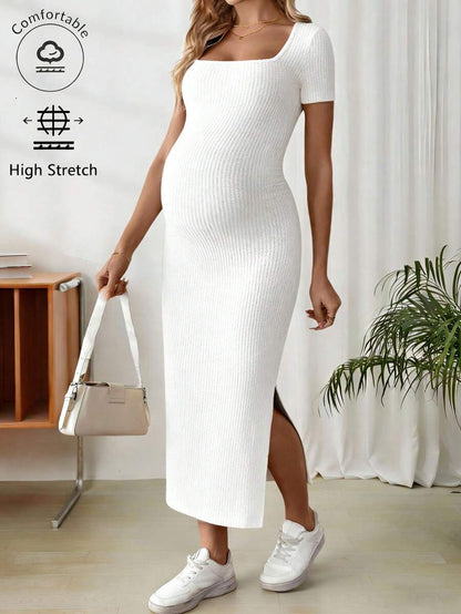 Maternity Square Neck Short Sleeve Midi Bodycon Dress with Side Slit - Sage Green Fitted Pregnancy Outfit - Soft Knit Maternity Wear