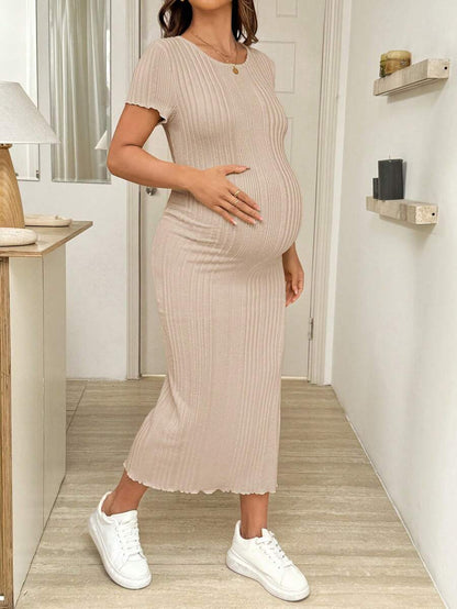 Maternity Short Sleeve Side Slit Midi Dress Elegant Slim Fit Round Neck Bodycon Knitted Dress for Summer Holiday and Spring Break