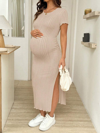 Maternity Short Sleeve Side Slit Midi Dress Elegant Slim Fit Round Neck Bodycon Knitted Dress for Summer Holiday and Spring Break