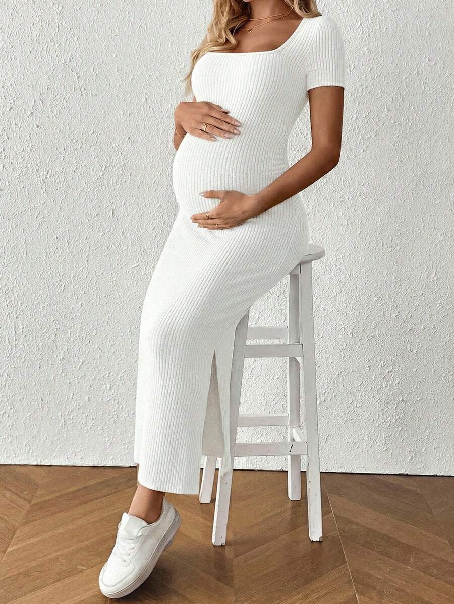 Maternity Square Neck Short Sleeve Midi Bodycon Dress with Side Slit - Sage Green Fitted Pregnancy Outfit - Soft Knit Maternity Wear