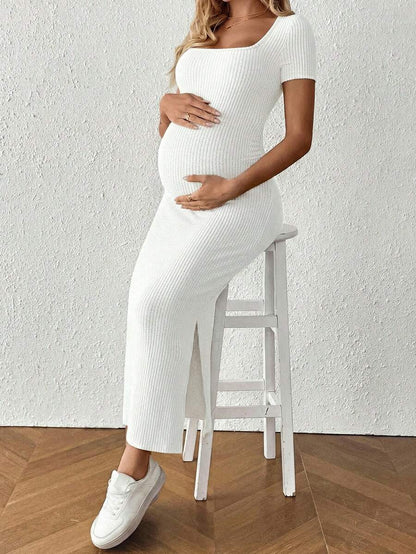 Maternity Square Neck Short Sleeve Midi Bodycon Dress with Side Slit - Sage Green Fitted Pregnancy Outfit - Soft Knit Maternity Wear