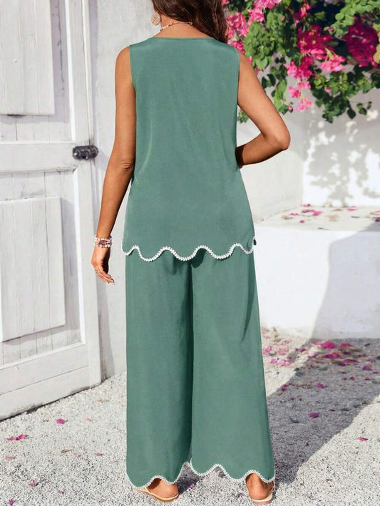 Maternity Round Neck Sleeveless Green 2 Piece Set Minimalist Camisole and Cropped Pants Casual Summer Outfit