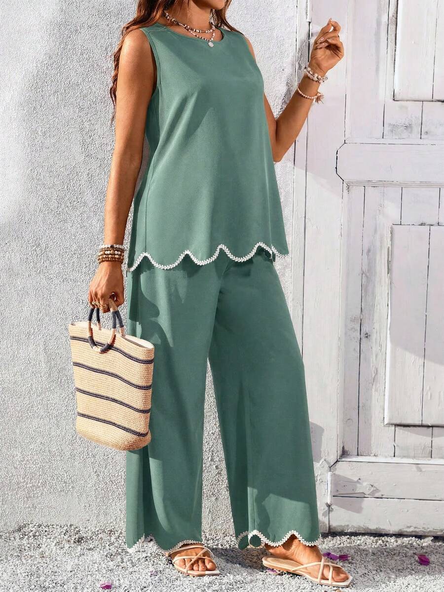 Blue and White Striped Maternity 2-Piece Set - Sleeveless Camisole and Long Pants - Casual Beach Vacation Outfit for Pregnant Women