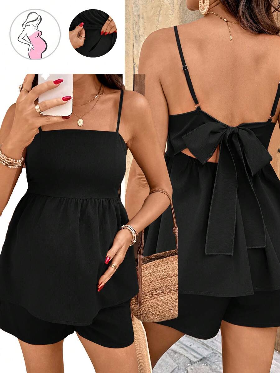 2-Piece Maternity Tie-Back Camisole and Shorts Set - Solid Color Adjustable Waist Off-the-Shoulder Holiday Outfit