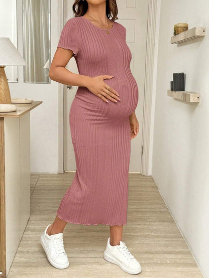 Maternity Short Sleeve Side Slit Midi Dress Elegant Slim Fit Round Neck Bodycon Knitted Dress for Summer Holiday and Spring Break