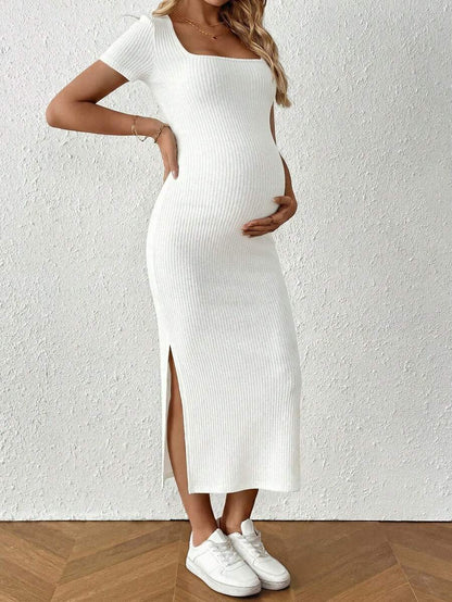 Maternity Square Neck Short Sleeve Midi Bodycon Dress with Side Slit - Sage Green Fitted Pregnancy Outfit - Soft Knit Maternity Wear
