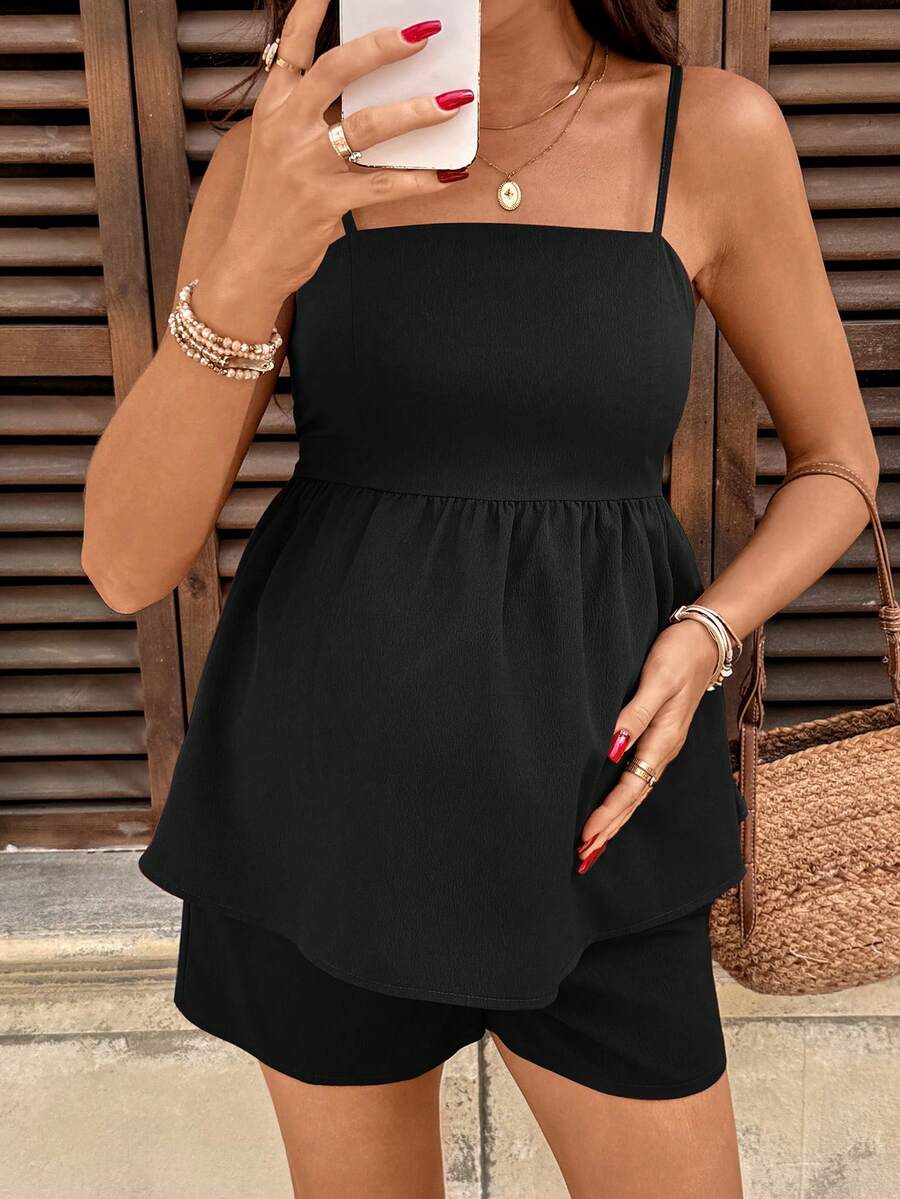 2-Piece Maternity Tie-Back Camisole and Shorts Set - Solid Color Adjustable Waist Off-the-Shoulder Holiday Outfit