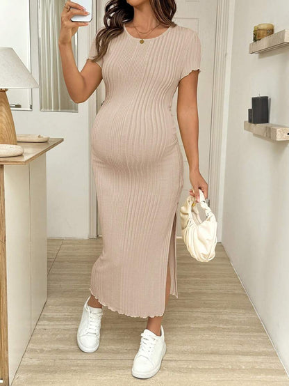 Maternity Bodycon Midi Dress - Round Neck, Short Sleeve, Side Slit, Slim Fit, Light Grey