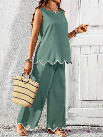 Maternity Round Neck Sleeveless Green 2 Piece Set Minimalist Camisole and Cropped Pants Casual Summer Outfit