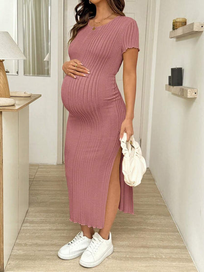 Maternity Bodycon Midi Dress - Round Neck, Short Sleeve, Side Slit, Slim Fit, Light Grey