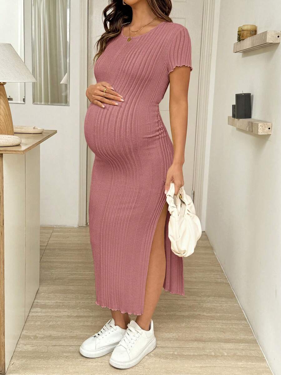 Maternity Bodycon Midi Dress - Round Neck, Short Sleeve, Side Slit, Slim Fit, Light Grey
