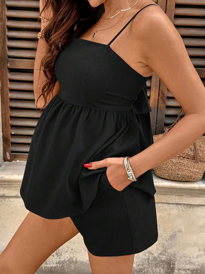 Maternity Summer Casual Vacation Ruffle Hem Camisole and Mini Shorts 2 Piece Set Off the Shoulder Sleeveless Brown Holiday Outfit