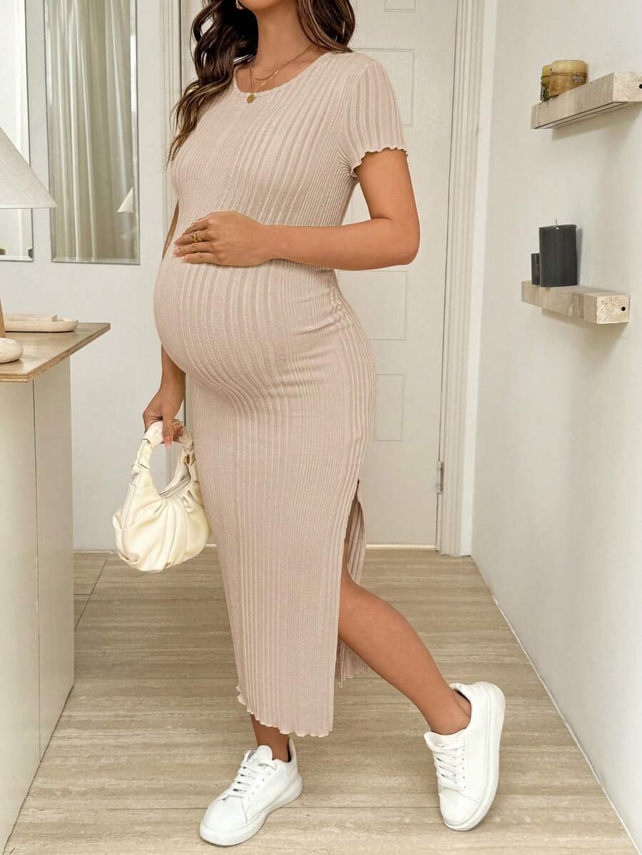 Maternity Short Sleeve Side Slit Midi Dress Elegant Slim Fit Round Neck Bodycon Knitted Dress for Summer Holiday and Spring Break