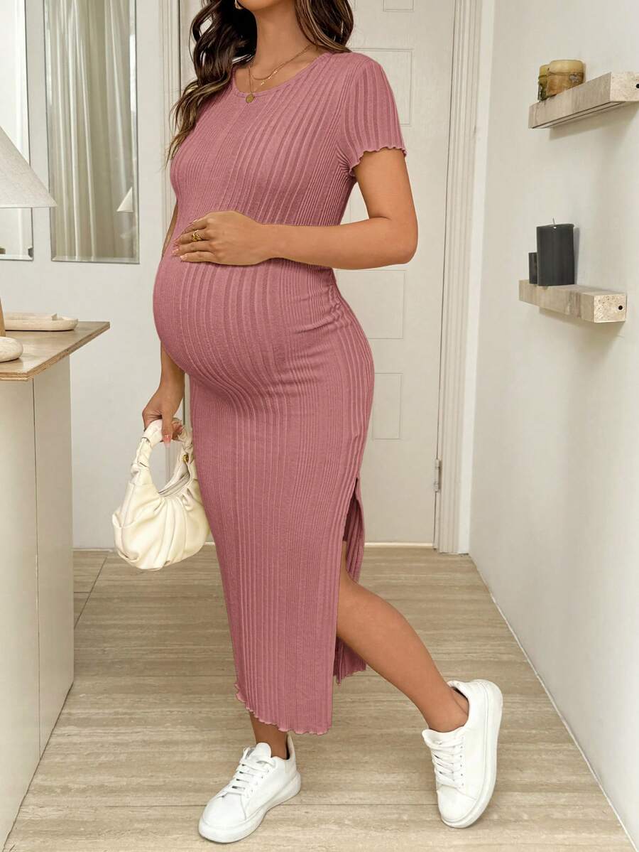 Maternity Bodycon Midi Dress - Round Neck, Short Sleeve, Side Slit, Slim Fit, Light Grey