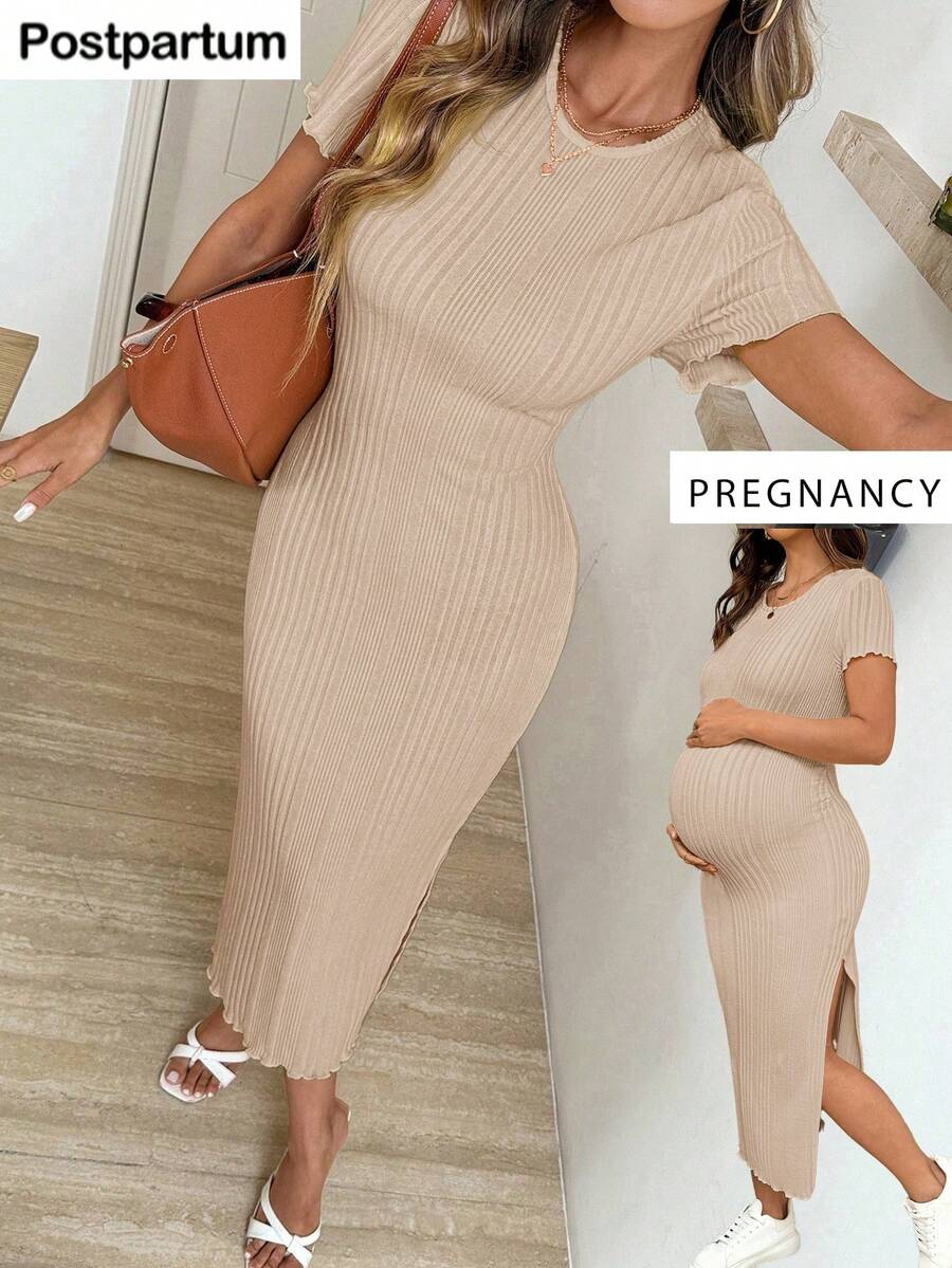 Maternity Short Sleeve Side Slit Midi Dress Elegant Slim Fit Round Neck Bodycon Knitted Dress for Summer Holiday and Spring Break