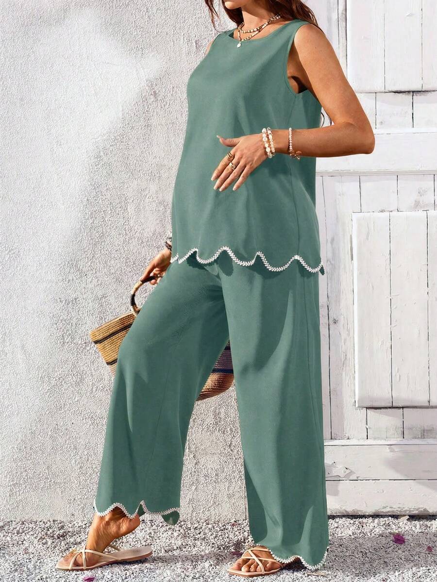 Maternity Round Neck Sleeveless Green 2 Piece Set Minimalist Camisole and Cropped Pants Casual Summer Outfit