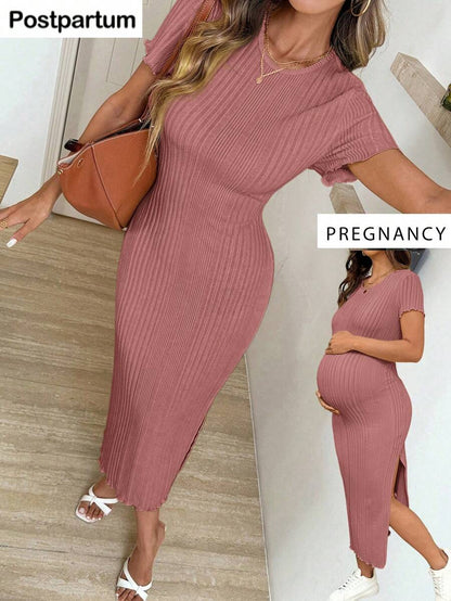 Maternity Bodycon Midi Dress - Round Neck, Short Sleeve, Side Slit, Slim Fit, Light Grey