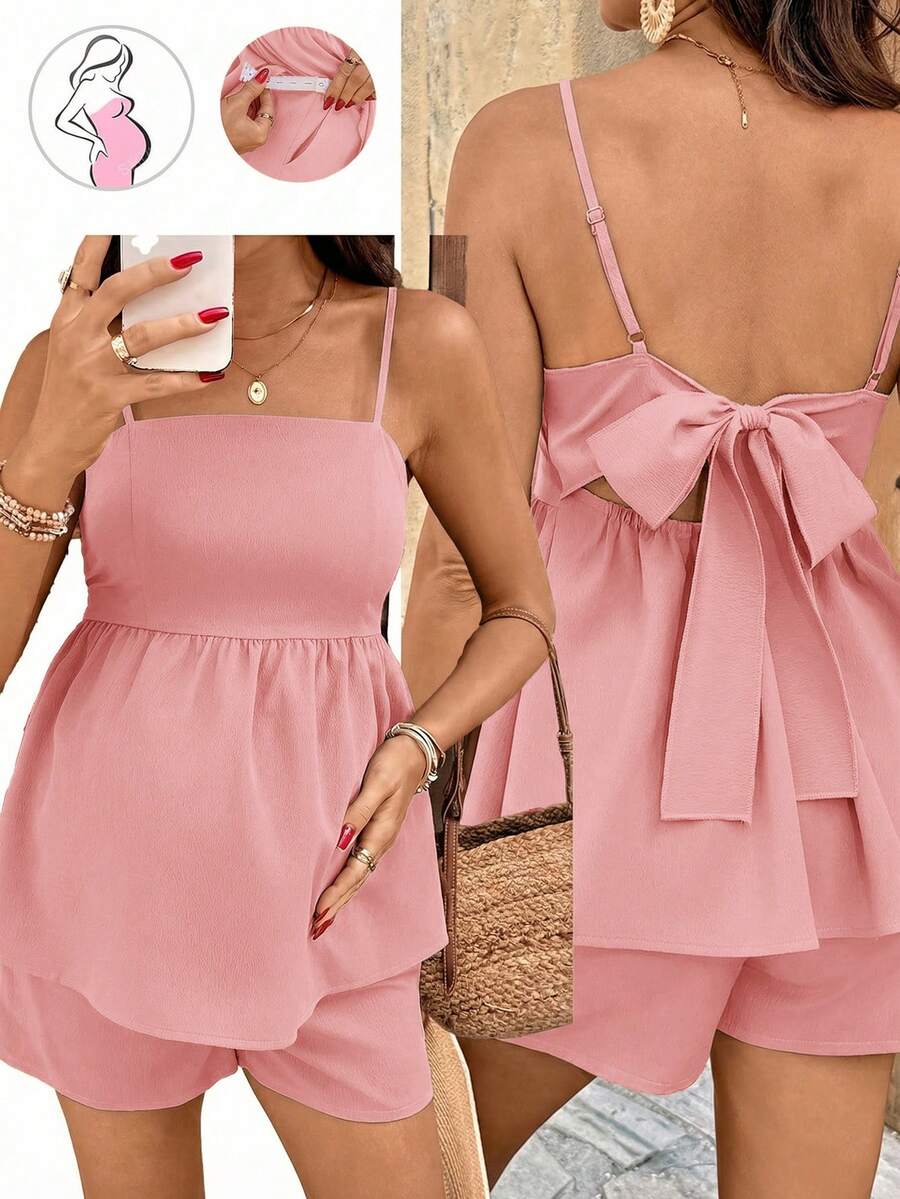 2-Piece Maternity Tie-Back Camisole and Shorts Set - Solid Color Adjustable Waist Off-the-Shoulder Holiday Outfit