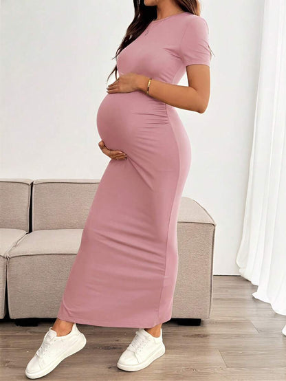 Maternity Bodycon Long Dress - Round Neck, Short Sleeve, Slim Fit, Pencil Hem, Army Green