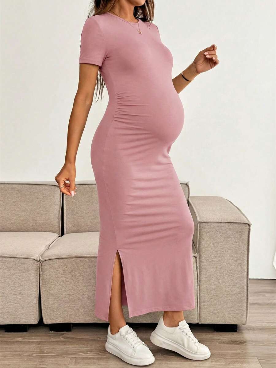 Maternity Bodycon Long Dress - Round Neck, Short Sleeve, Slim Fit, Pencil Hem, Army Green