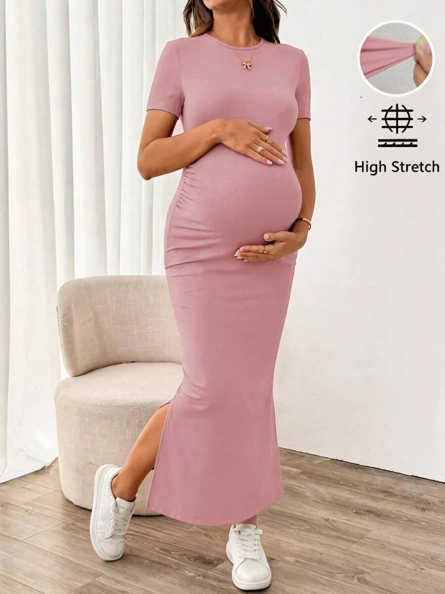 Maternity Bodycon Long Dress - Round Neck, Short Sleeve, Slim Fit, Pencil Hem, Army Green