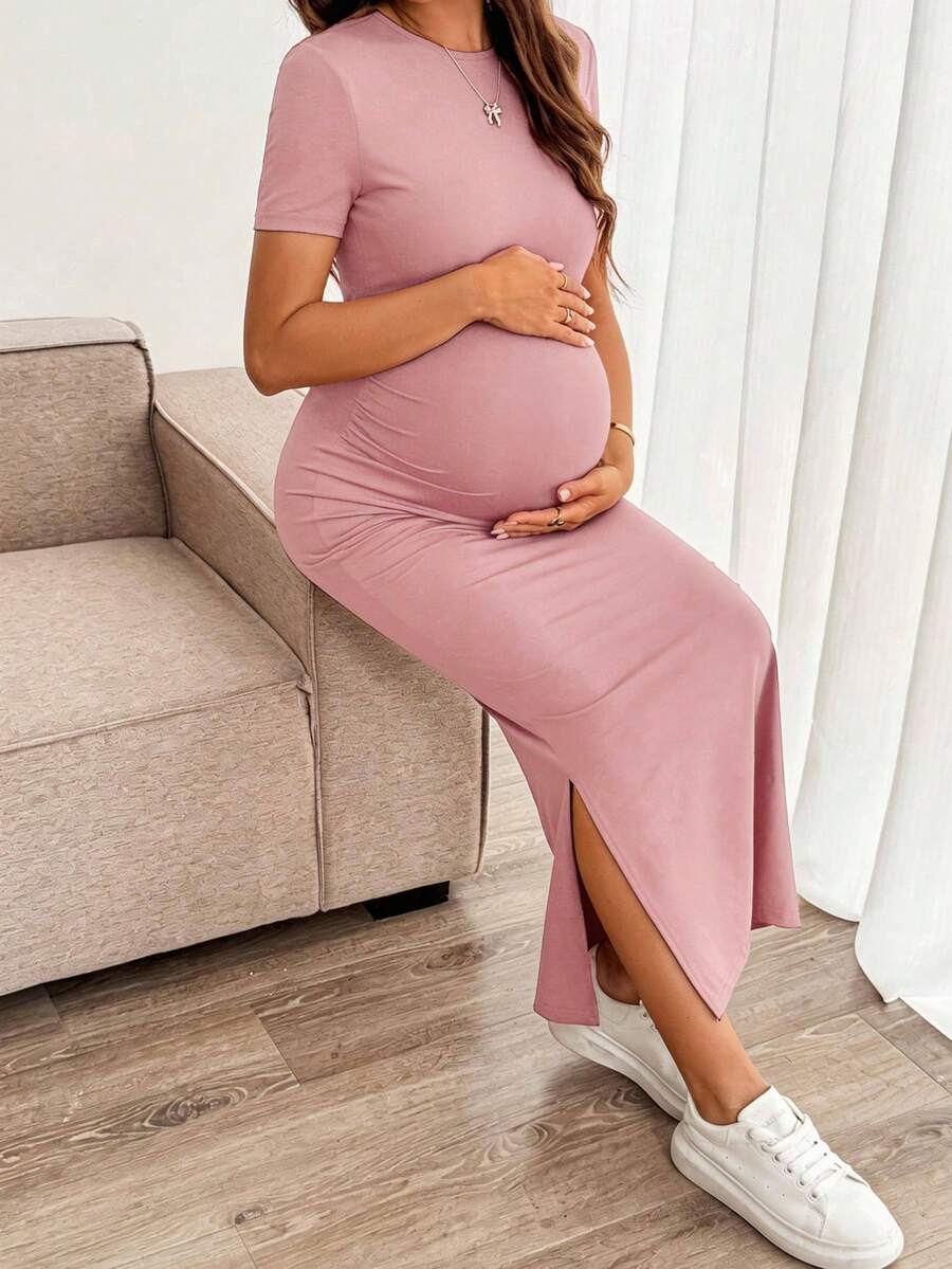 Maternity Bodycon Long Dress - Round Neck, Short Sleeve, Slim Fit, Pencil Hem, Army Green