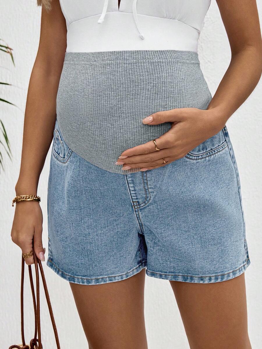 Maternity Denim Shorts - High Waist, Ribbed Patchwork, Pockets, Loose, Light Wash Blue