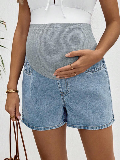 Maternity Denim Shorts - High Waist, Ribbed Patchwork, Pockets, Loose, Light Wash Blue
