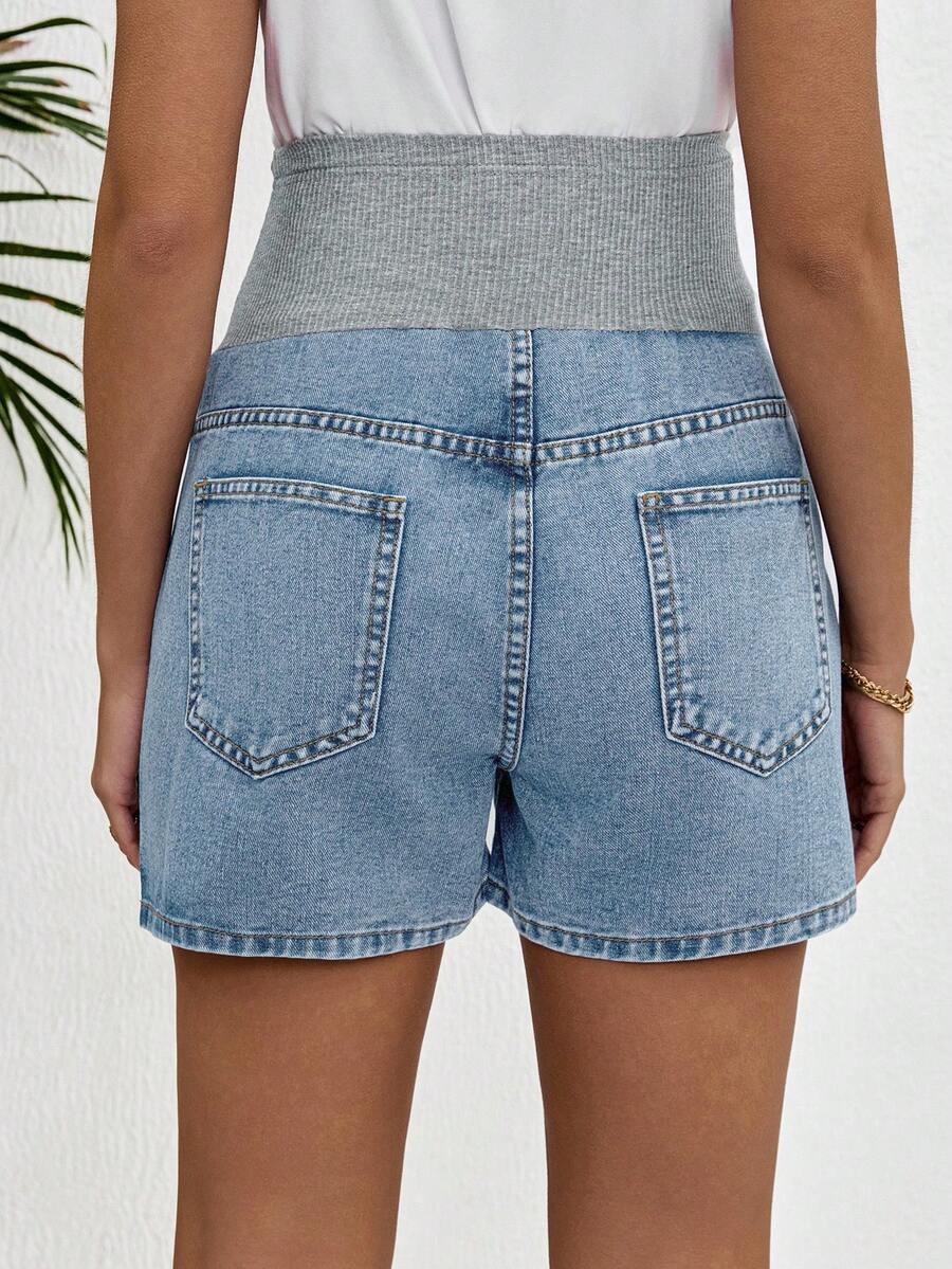 Maternity Denim Shorts - High Waist, Ribbed Patchwork, Pockets, Loose, Light Wash Blue