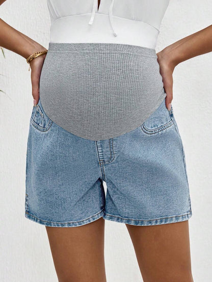 Maternity Denim Shorts - High Waist, Ribbed Patchwork, Pockets, Loose, Light Wash Blue