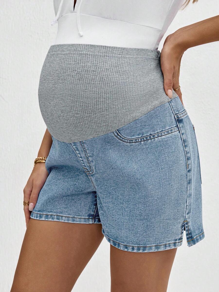Maternity Denim Shorts - High Waist, Ribbed Patchwork, Pockets, Loose, Light Wash Blue